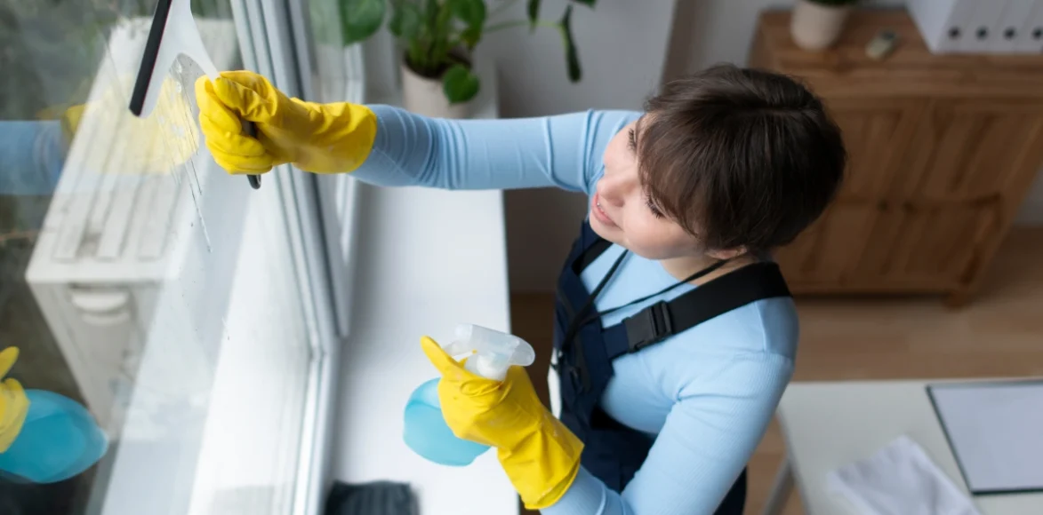 Professional cleaner cleaning windows